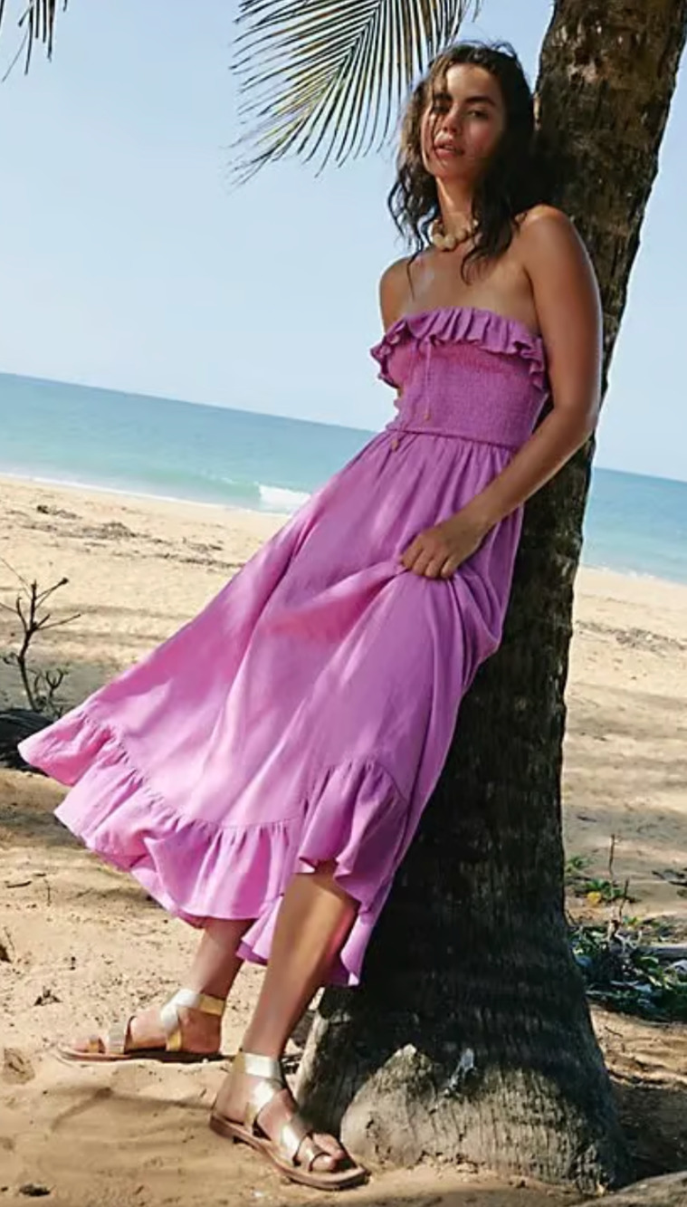 NEW FREE PEOPLE OPERA MAUVE LUSH LIFE LINEN STRAPLESS MIDI DRESS SZ M